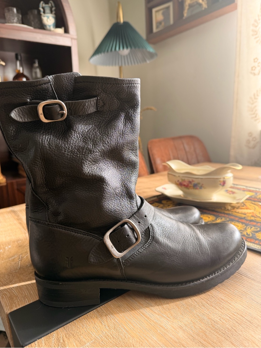 Frye Veronica Short Black Leather Moto Engineer Boots